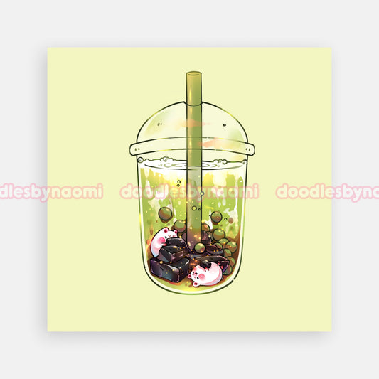 Green tea boba art print | Bubble tea art print | Cute art print decor (5"x 5")