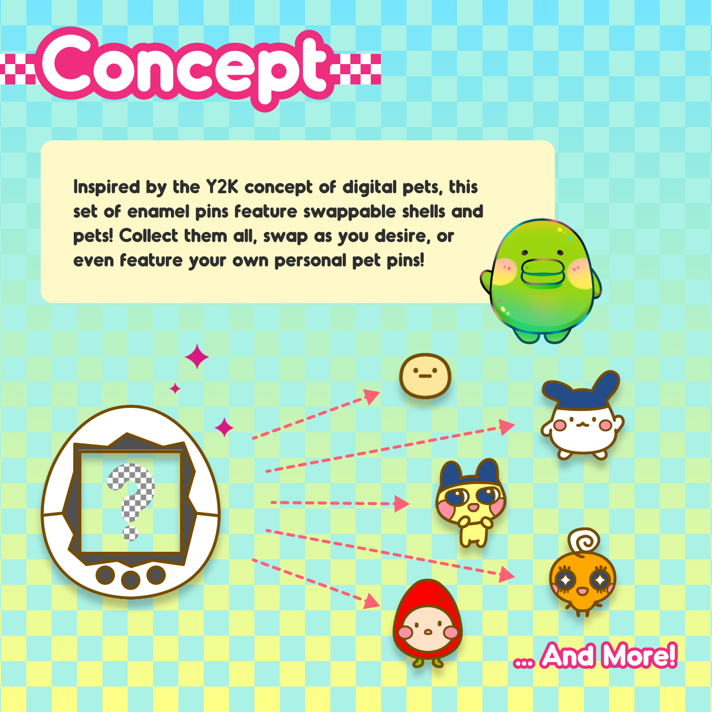 Inspired by the Y2K concept of digital pets, this set of enamel pins feature swappable shells and pets! Collect them all, swap as you desire, or even feature your own personal pet pins!