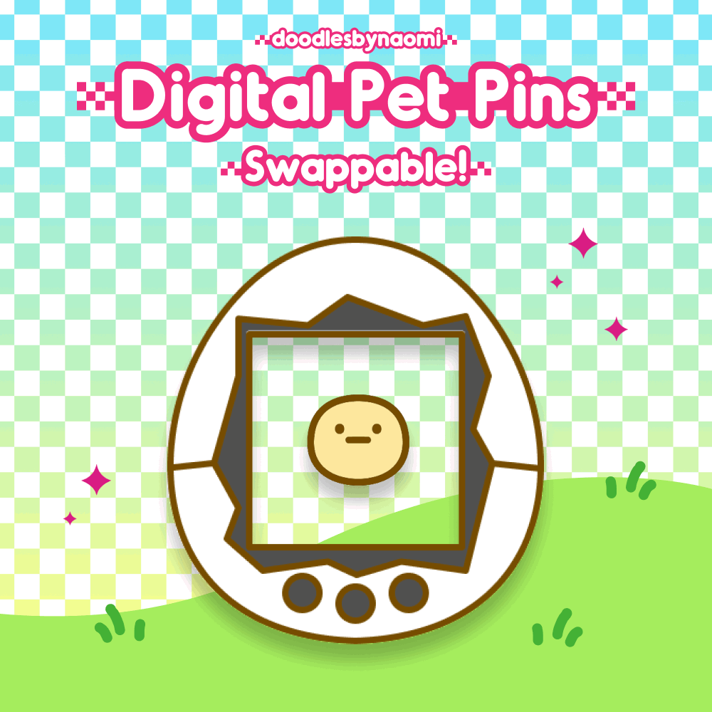 Digital pet pins showing swappable mechanism between shells and pets.
