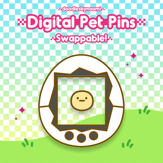 Digital pet pins showing swappable mechanism between shells and pets.