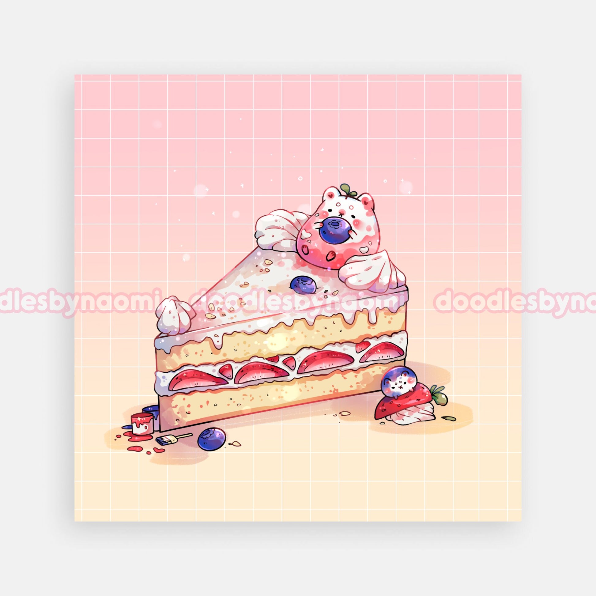 Strawberry shortcake art print | Cute dessert art print | Cute art print decor (5"x 5")