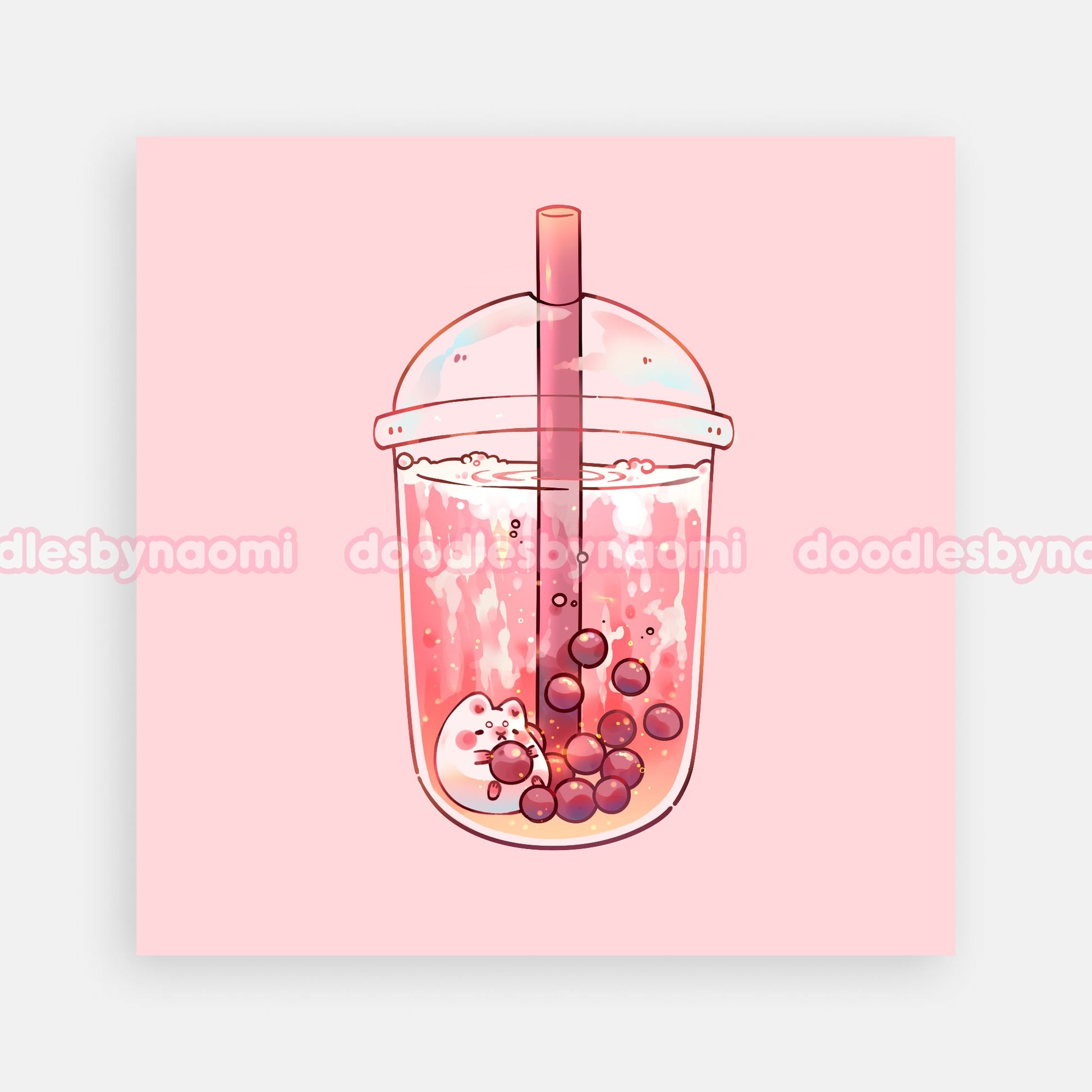 Strawberry boba art print | Bubble tea art print | Cute art print decor (5"x 5")