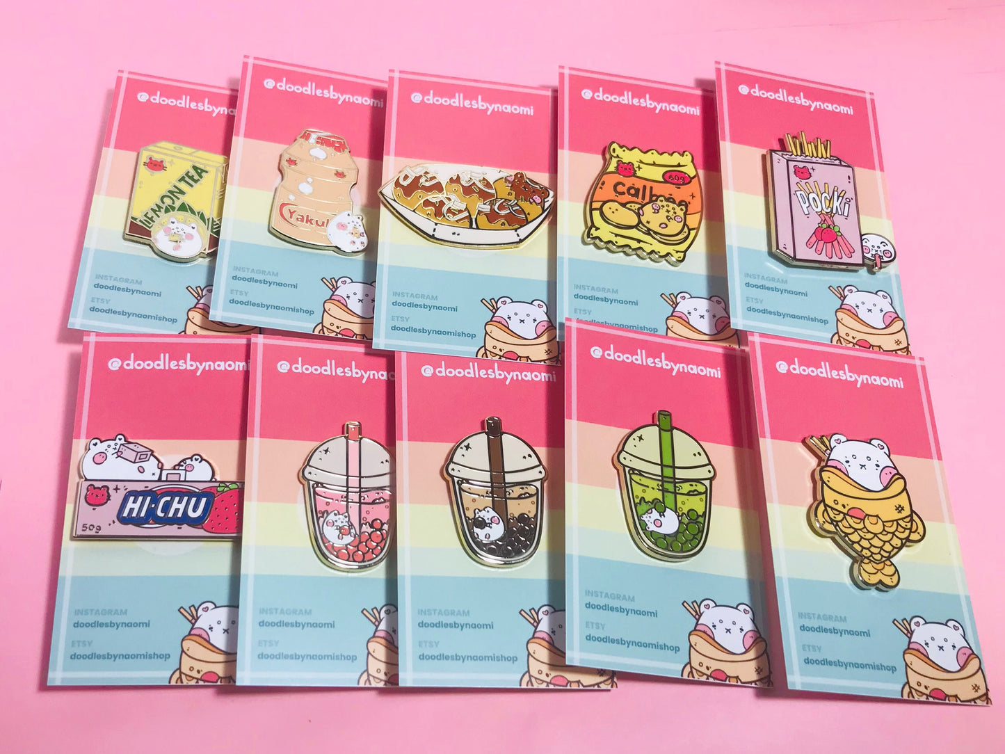 Boba enamel pins | Pocky pin | Yakult Pin | Lemon Tea Pin | Hi-Chew Pin | Calbee Pin | Takoyaki Pin | Taiyaki Pin